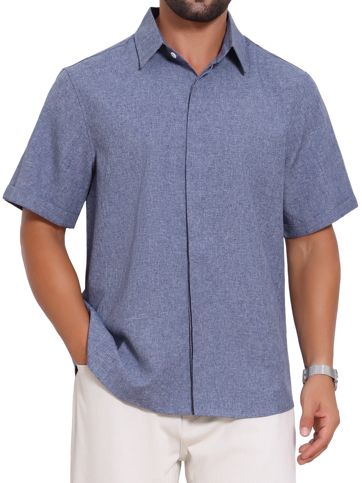 DARING DIVA Men's Solid Summer Short Sleeve Button Down Linen Shirts S Denim Blue