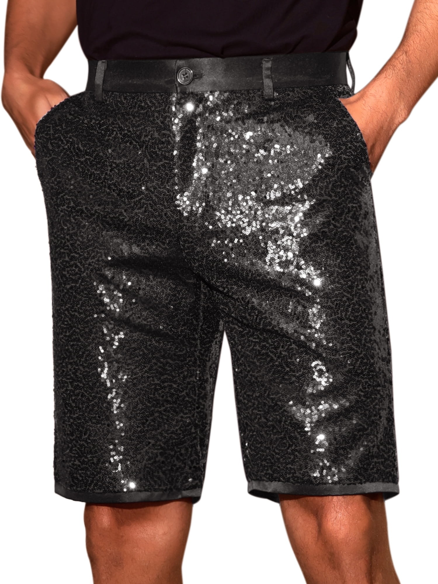 DARING DIVA Men's Sparkly Sequin Shorts Straight Leg Club Rave Metallic Shorts 34 Black