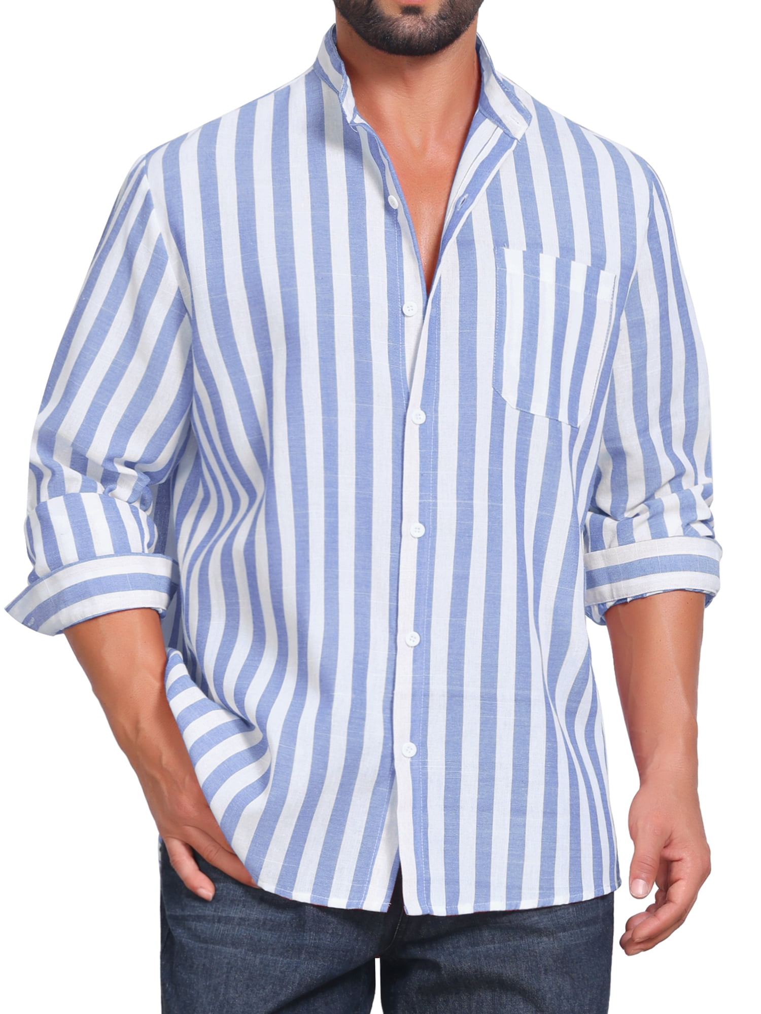 DARING DIVA Men's Striped Stand Collar Long Sleeve Button Down Shirt L Light Blue