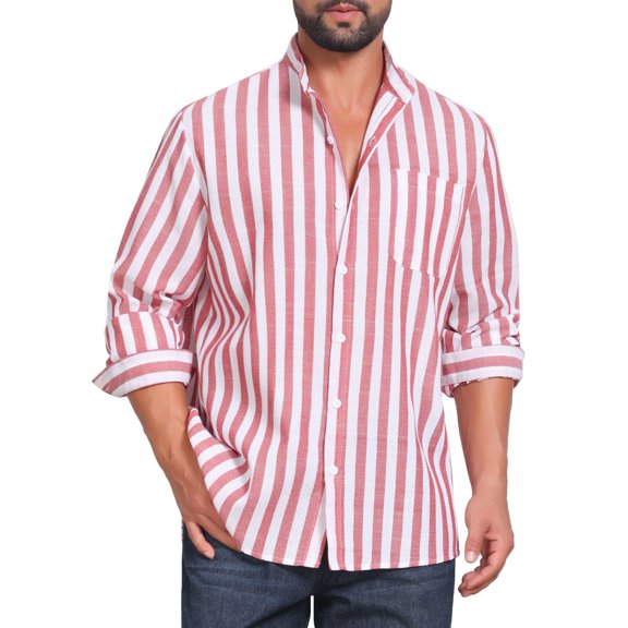 DARING DIVA Men's Striped Stand Collar Long Sleeve Button Down Shirt M Red