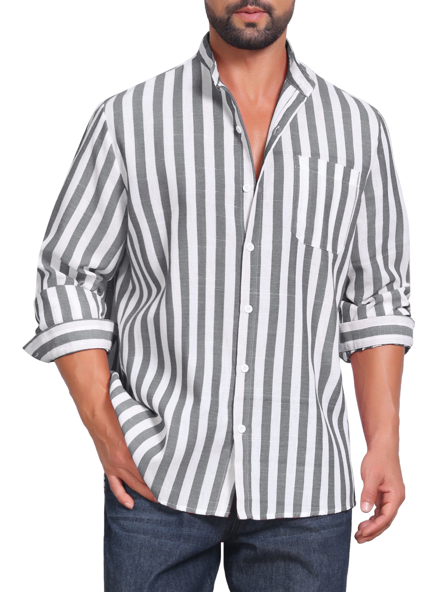 DARING DIVA Men's Striped Stand Collar Long Sleeve Button Down Shirt XL Black
