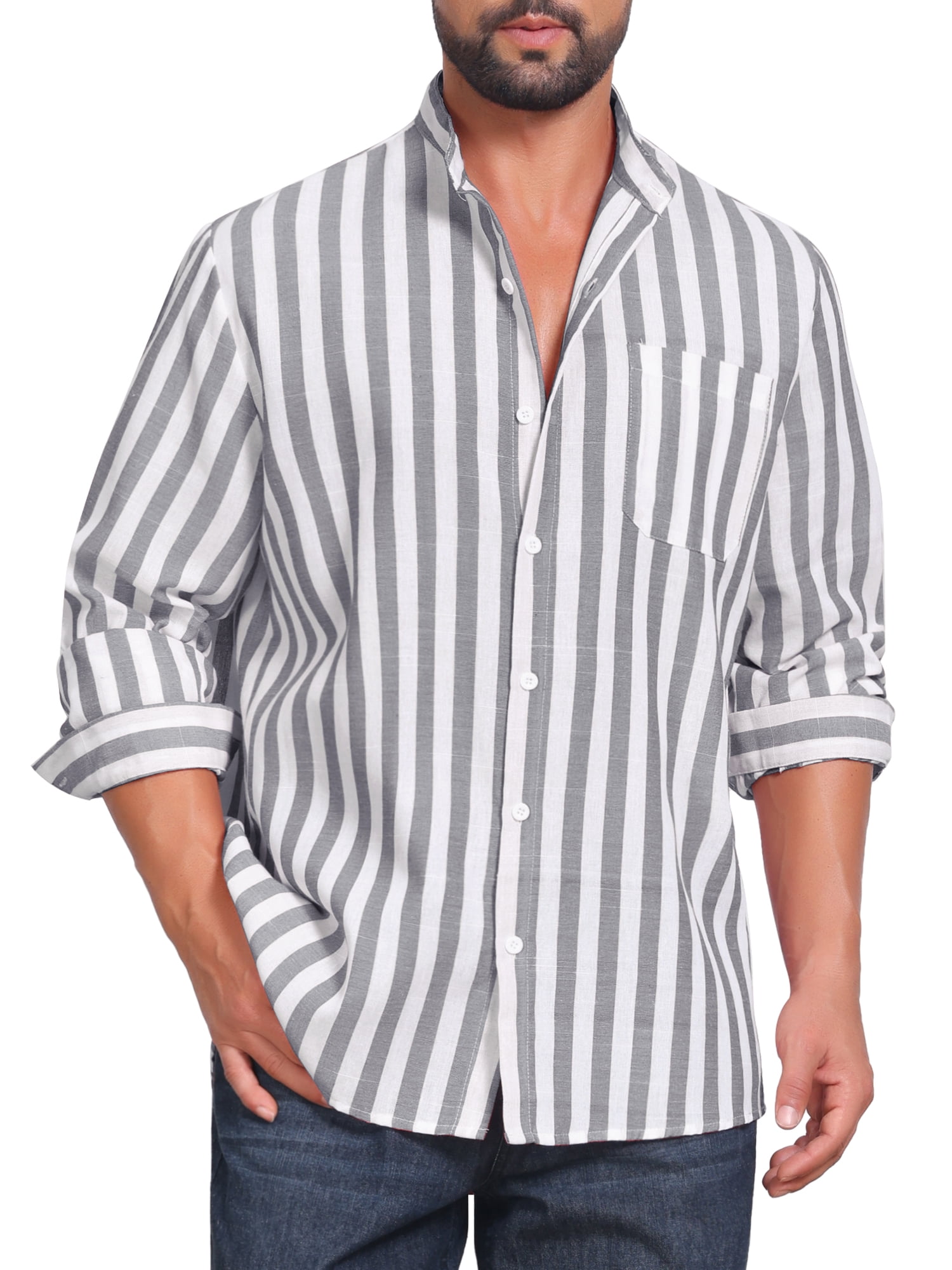 DARING DIVA Men's Striped Stand Collar Long Sleeve Button Down Shirt XL Gray
