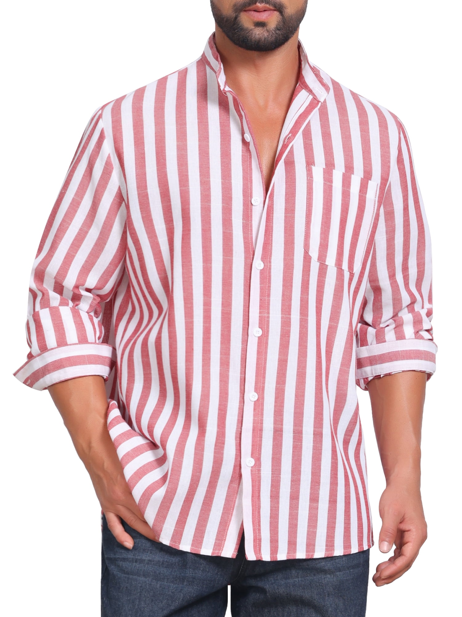 DARING DIVA Men's Striped Stand Collar Long Sleeve Button Down Shirt XL Red