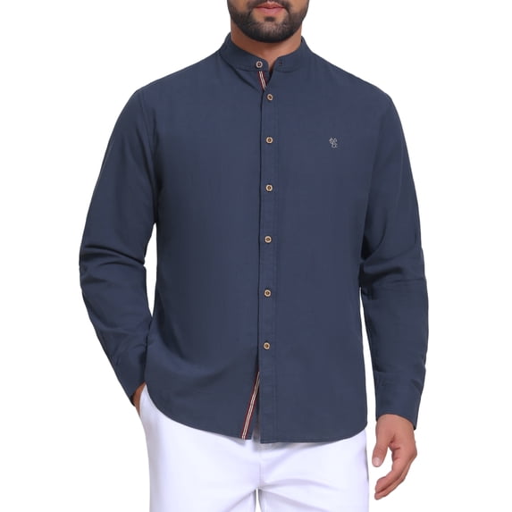 DARING DIVA Men's Stand Collar Long Sleeves Button Down Linen Shirts L Dark Blue