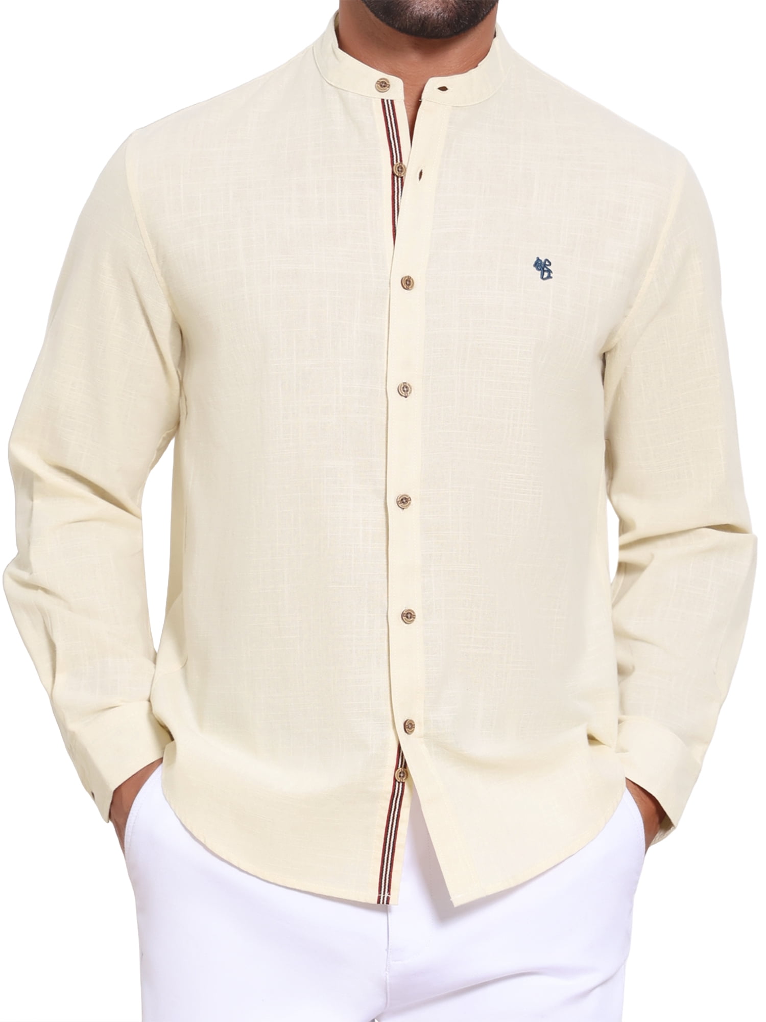 DARING DIVA Men's Stand Collar Long Sleeves Button Down Linen Shirts L Khaki