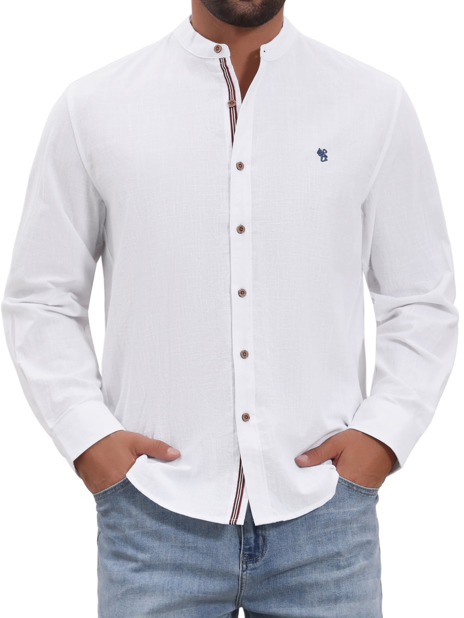 DARING DIVA Men's Stand Collar Long Sleeves Button Down Linen Shirts L White