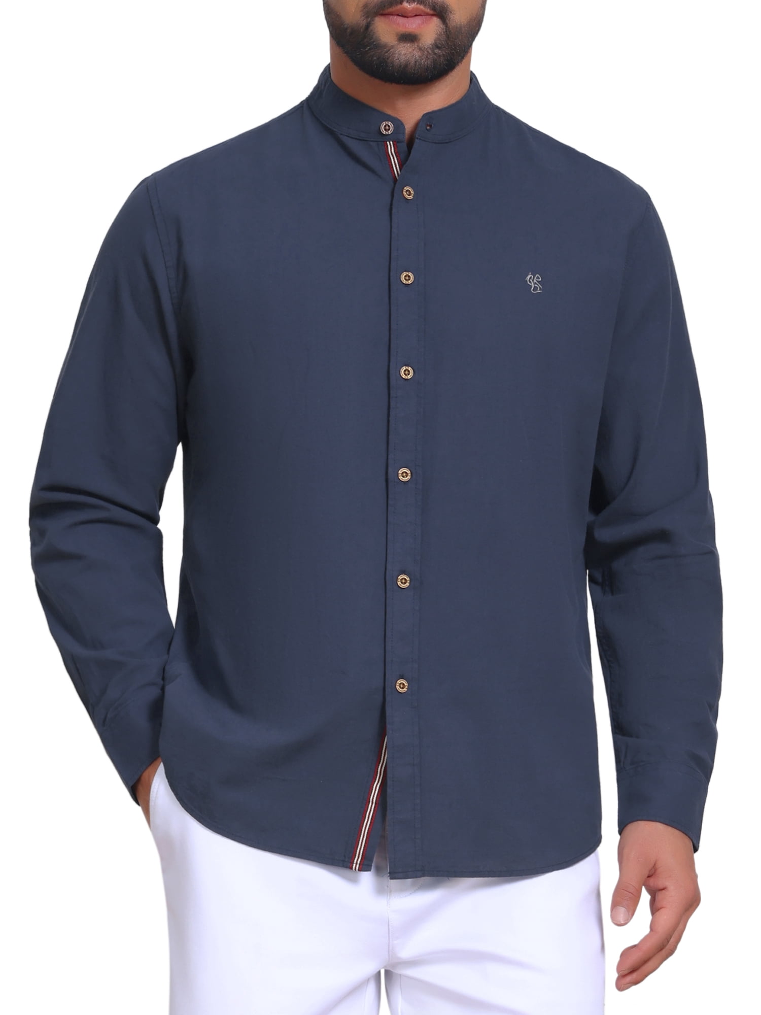 DARING DIVA Men's Stand Collar Long Sleeves Button Down Linen Shirts M Dark Blue