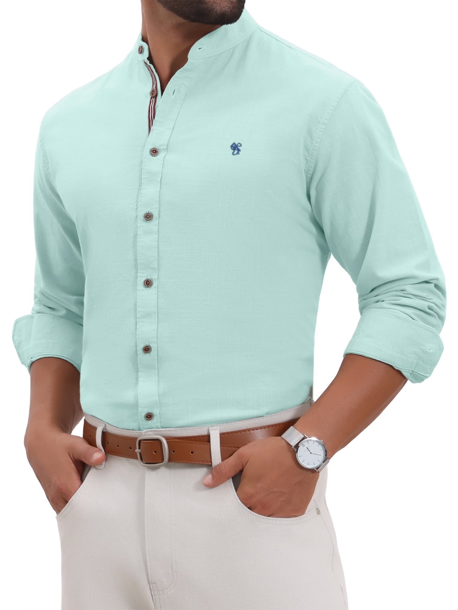 DARING DIVA Men's Stand Collar Long Sleeves Button Down Linen Shirts M Light Green