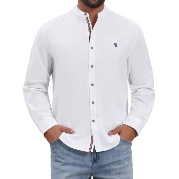 DARING DIVA Men's Stand Collar Long Sleeves Button Down Linen Shirts M White
