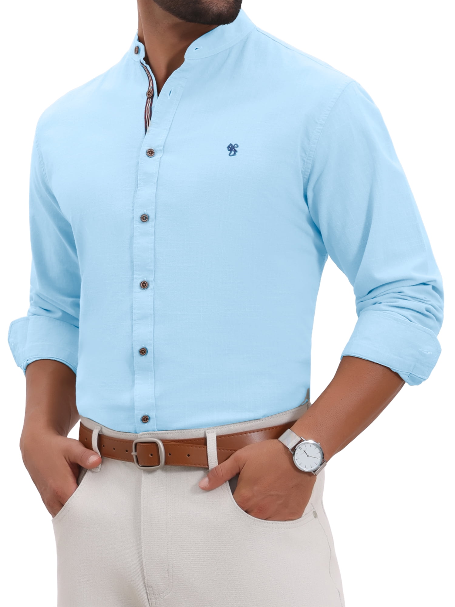DARING DIVA Men's Stand Collar Long Sleeves Button Down Linen Shirts S Light Blue