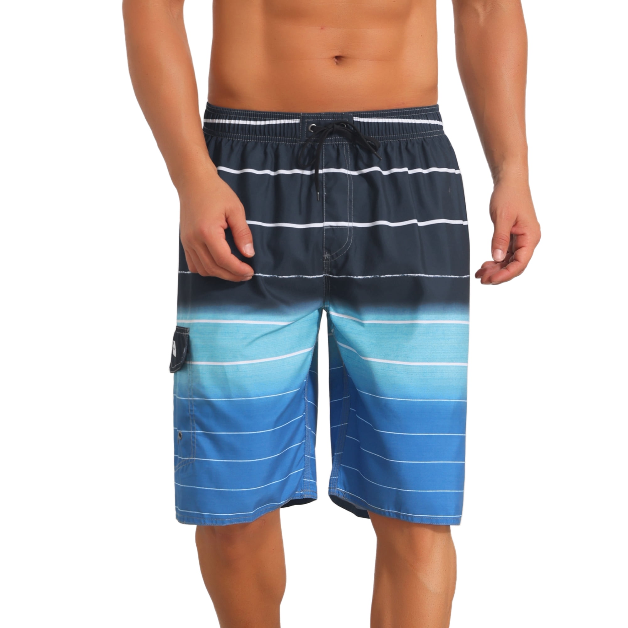 DARING DIVA Men's Striped Beach Drawstring Waist Board Shorts with Pockets 30 Navy Blue