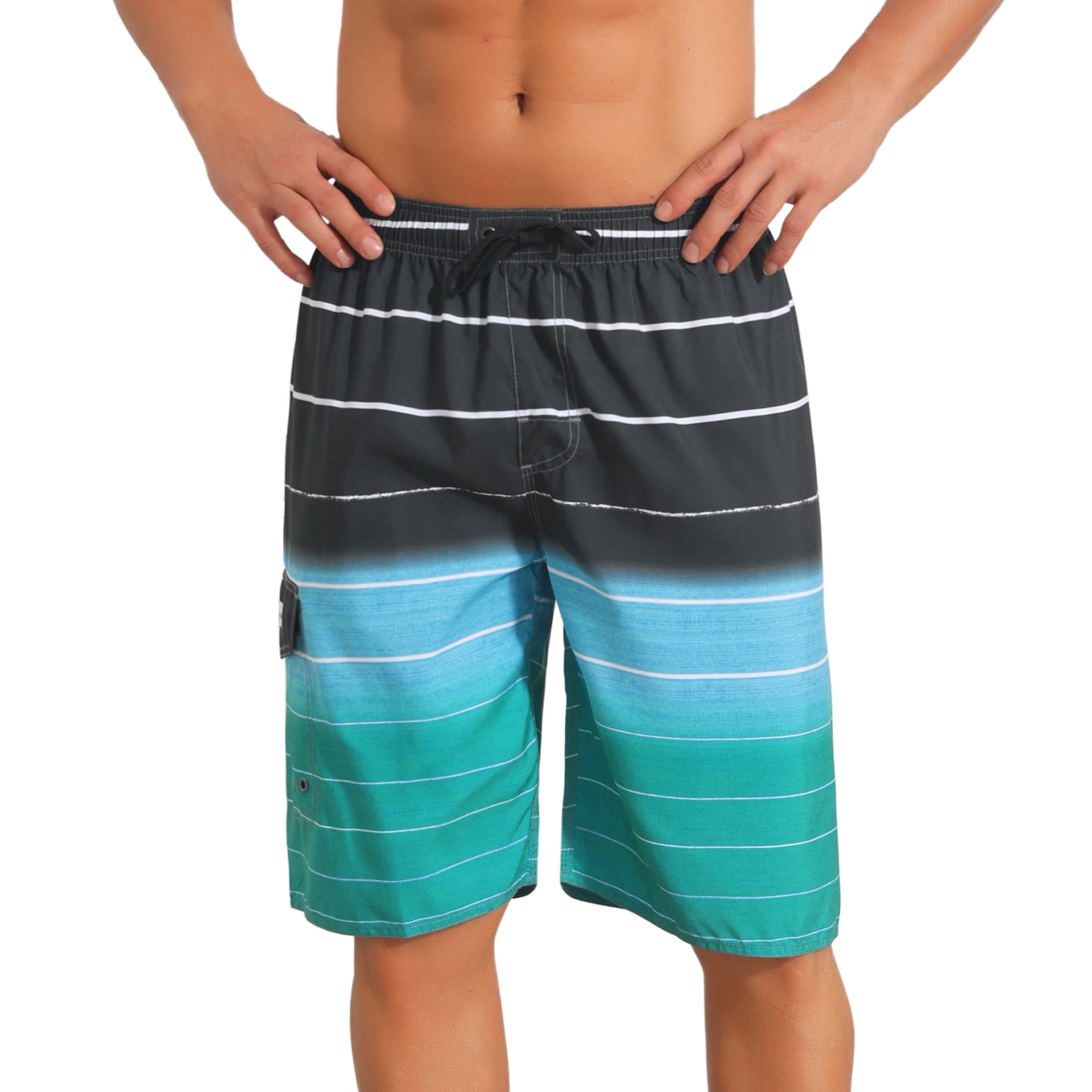 DARING DIVA Men's Striped Beach Drawstring Waist Board Shorts with Pockets 34 Black Green