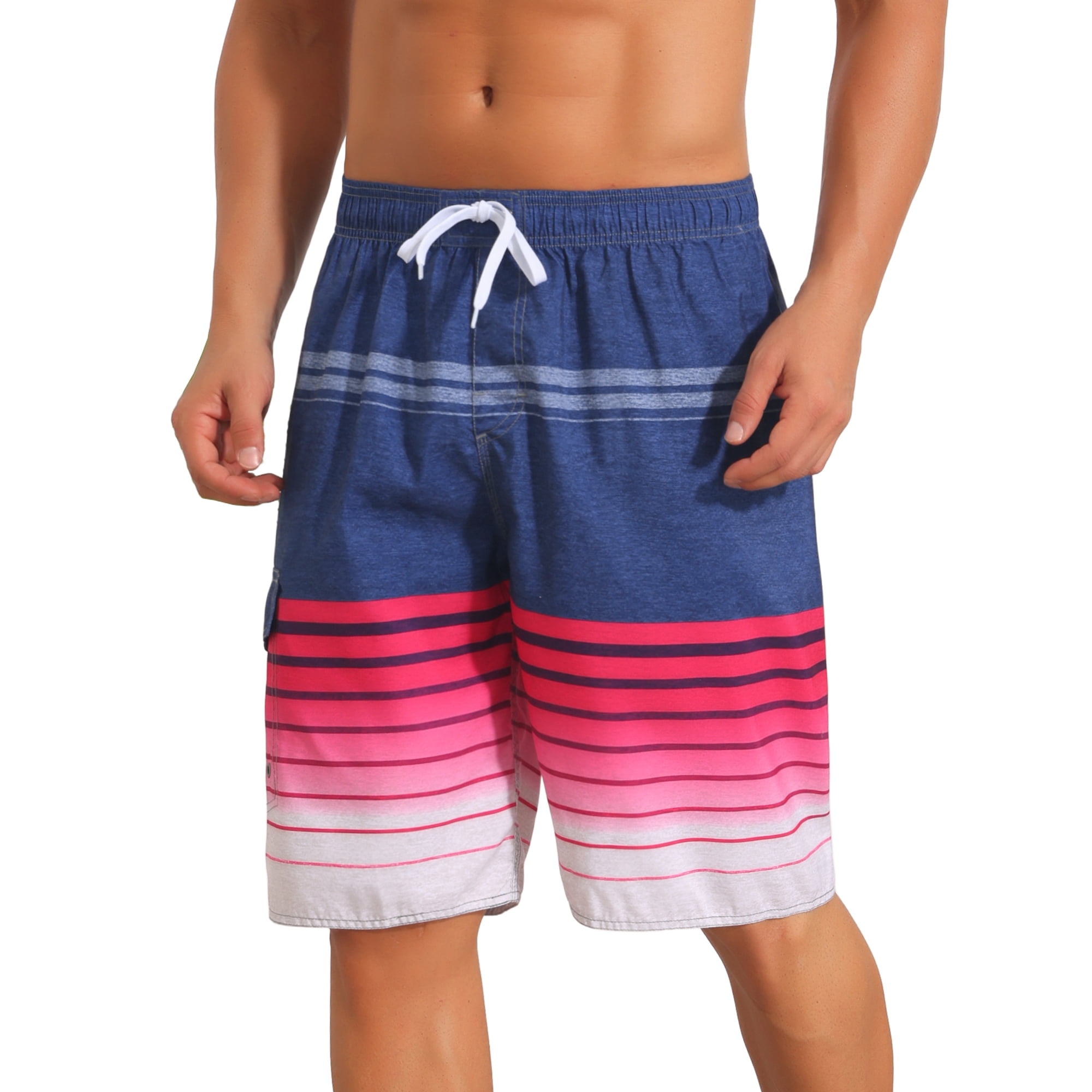 DARING DIVA Men's Striped Beach Drawstring Waist Board Shorts with Pockets 34 Navy Red