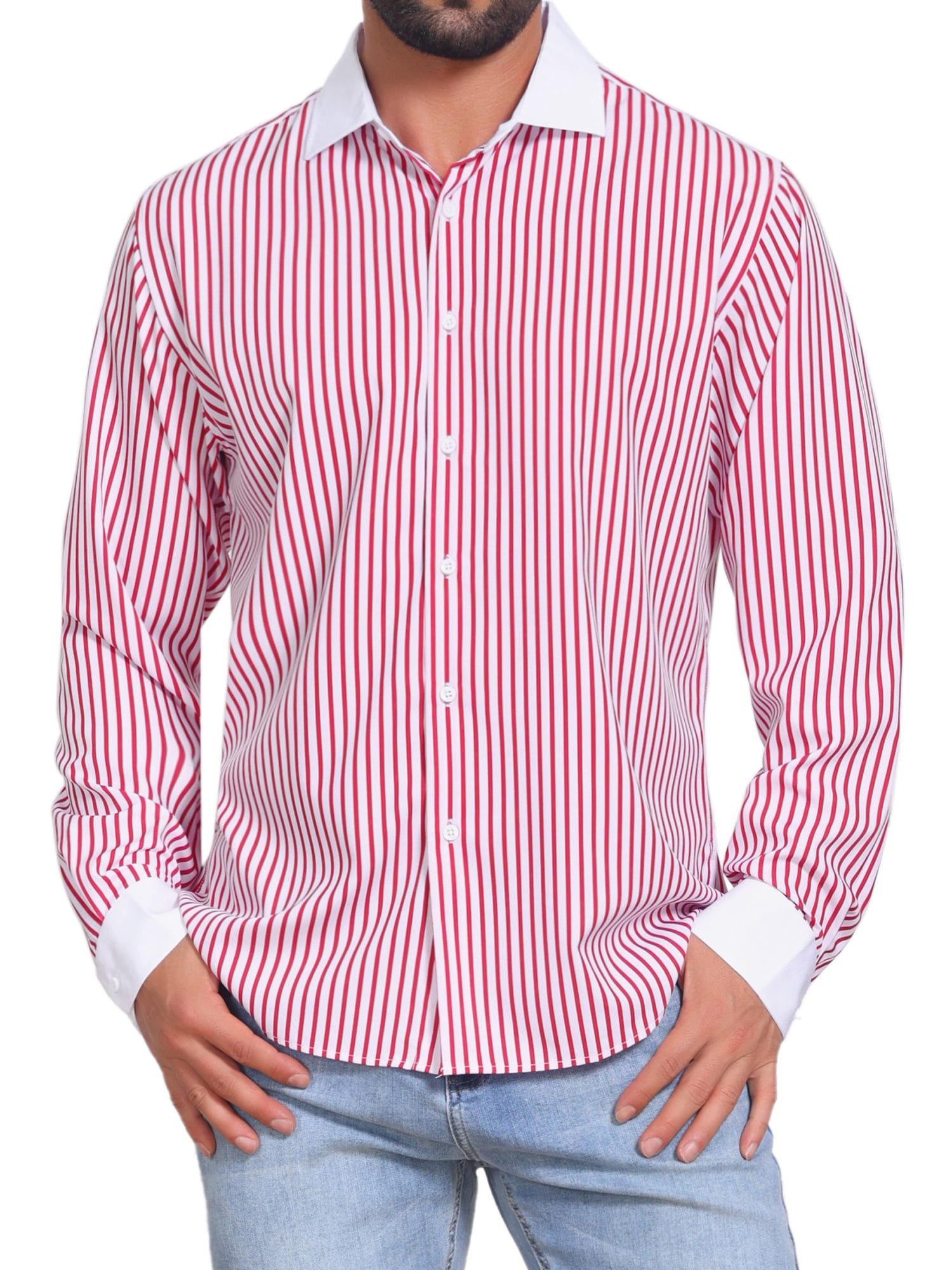 DARING DIVA Men's Striped Button Down Long Sleeve Stretch Shirts 2XL Red