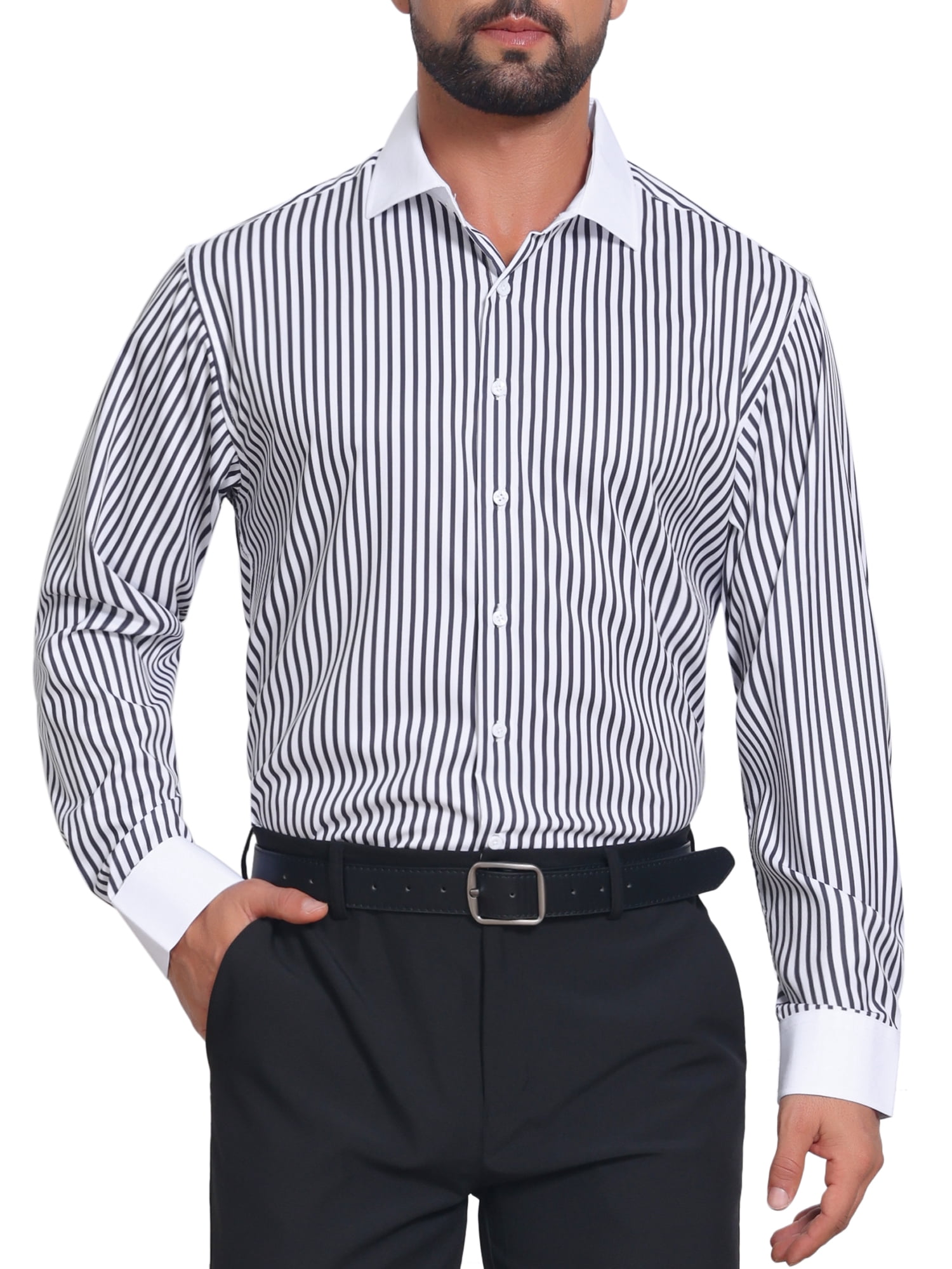 DARING DIVA Men's Striped Button Down Long Sleeve Stretch Shirts L Black
