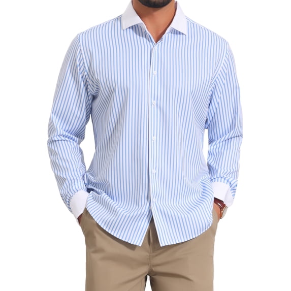 DARING DIVA Men's Striped Button Down Long Sleeve Stretch Shirts L Blue