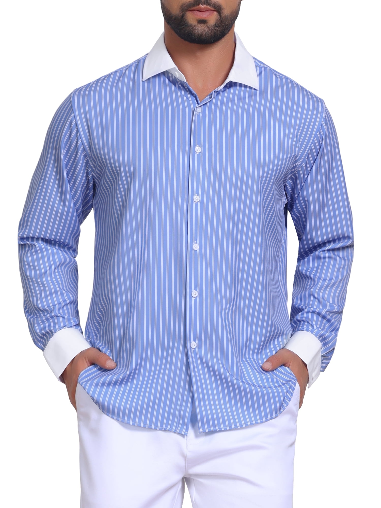 DARING DIVA Men's Striped Button Down Long Sleeve Stretch Shirts L Dark Blue