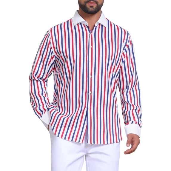 DARING DIVA Men's Striped Button Down Long Sleeve Stretch Shirts L Red Blue