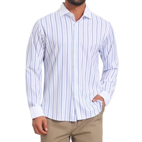 DARING DIVA Men's Striped Button Down Long Sleeve Stretch Shirts M Light Blue