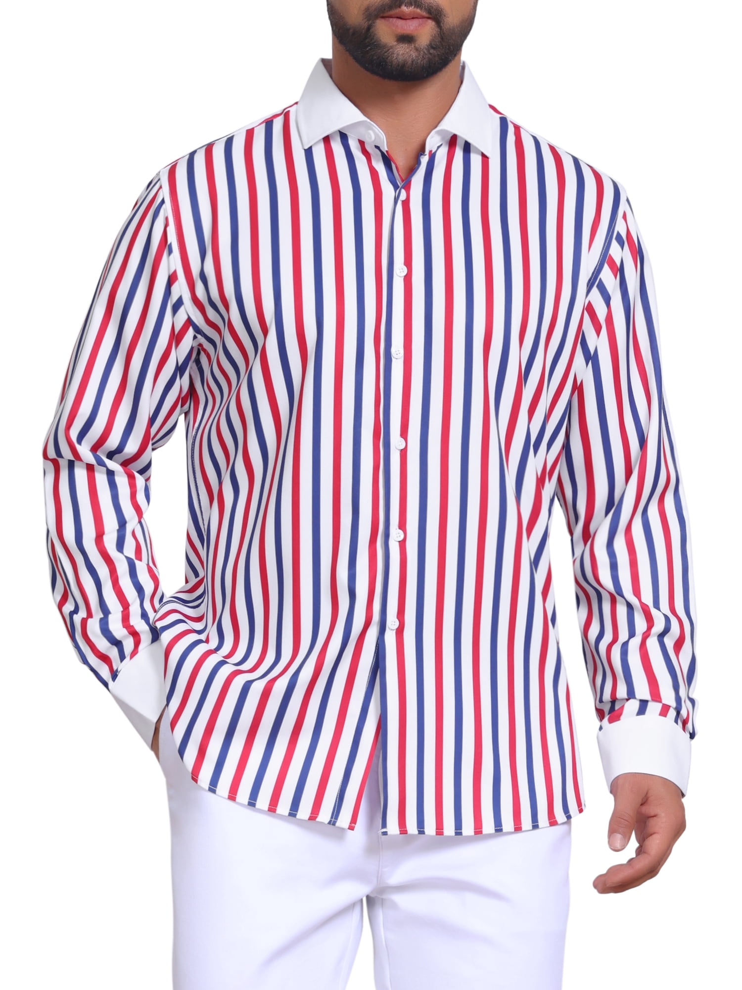 DARING DIVA Men's Striped Button Down Long Sleeve Stretch Shirts M Red Blue