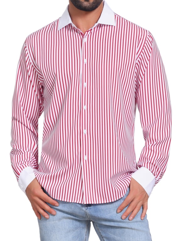 Men's Striped Button Down Long Sleeve Stretch Shirts M Red