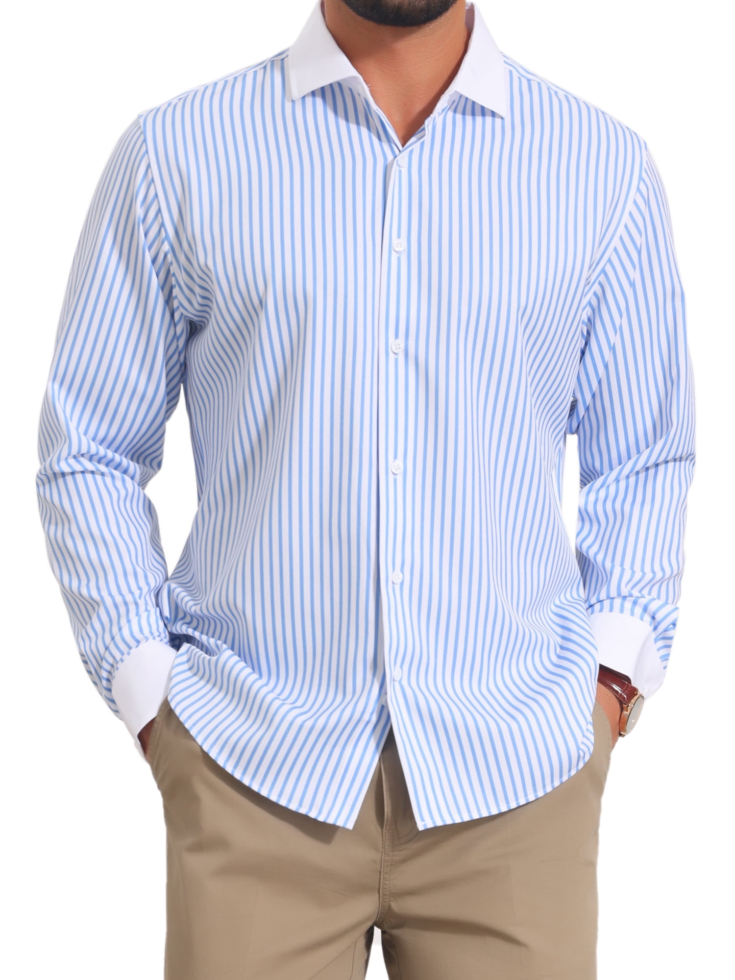 DARING DIVA Men's Striped Button Down Long Sleeve Stretch Shirts S Blue