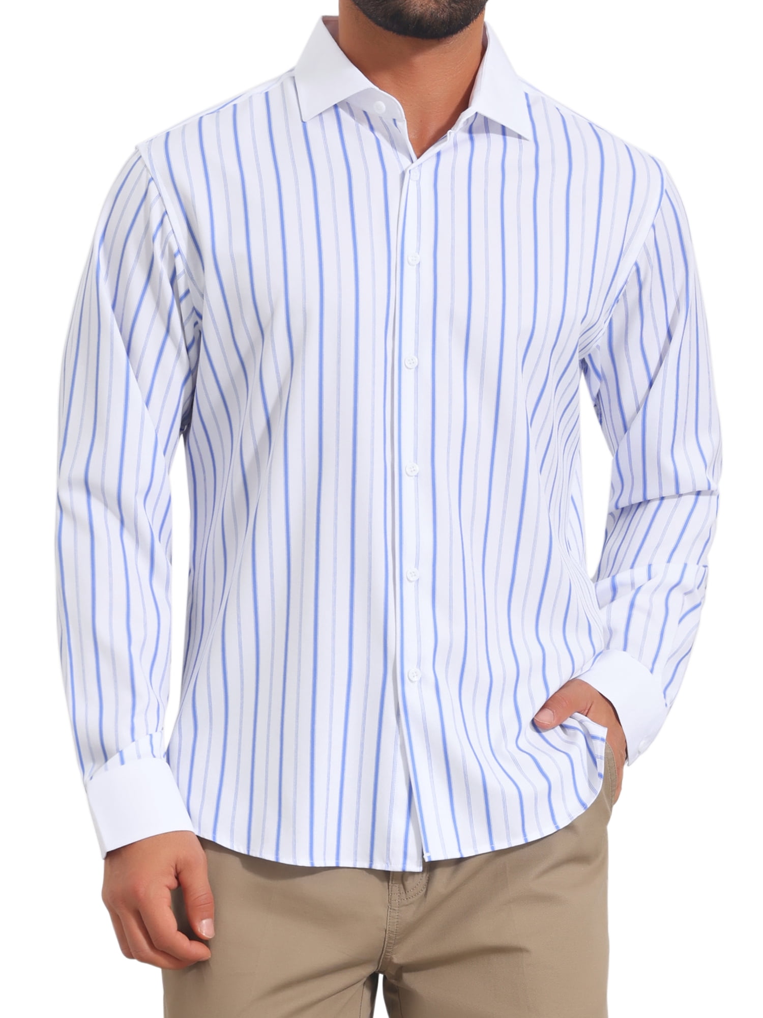 DARING DIVA Men's Striped Button Down Long Sleeve Stretch Shirts XL Light Blue