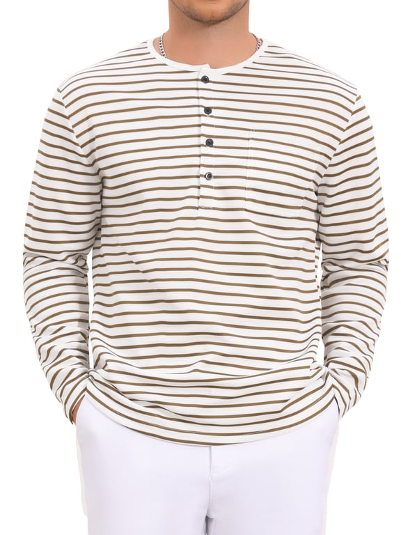 Men's Striped Casual Long Sleeve Button Down Henley Shirts XL Beige
