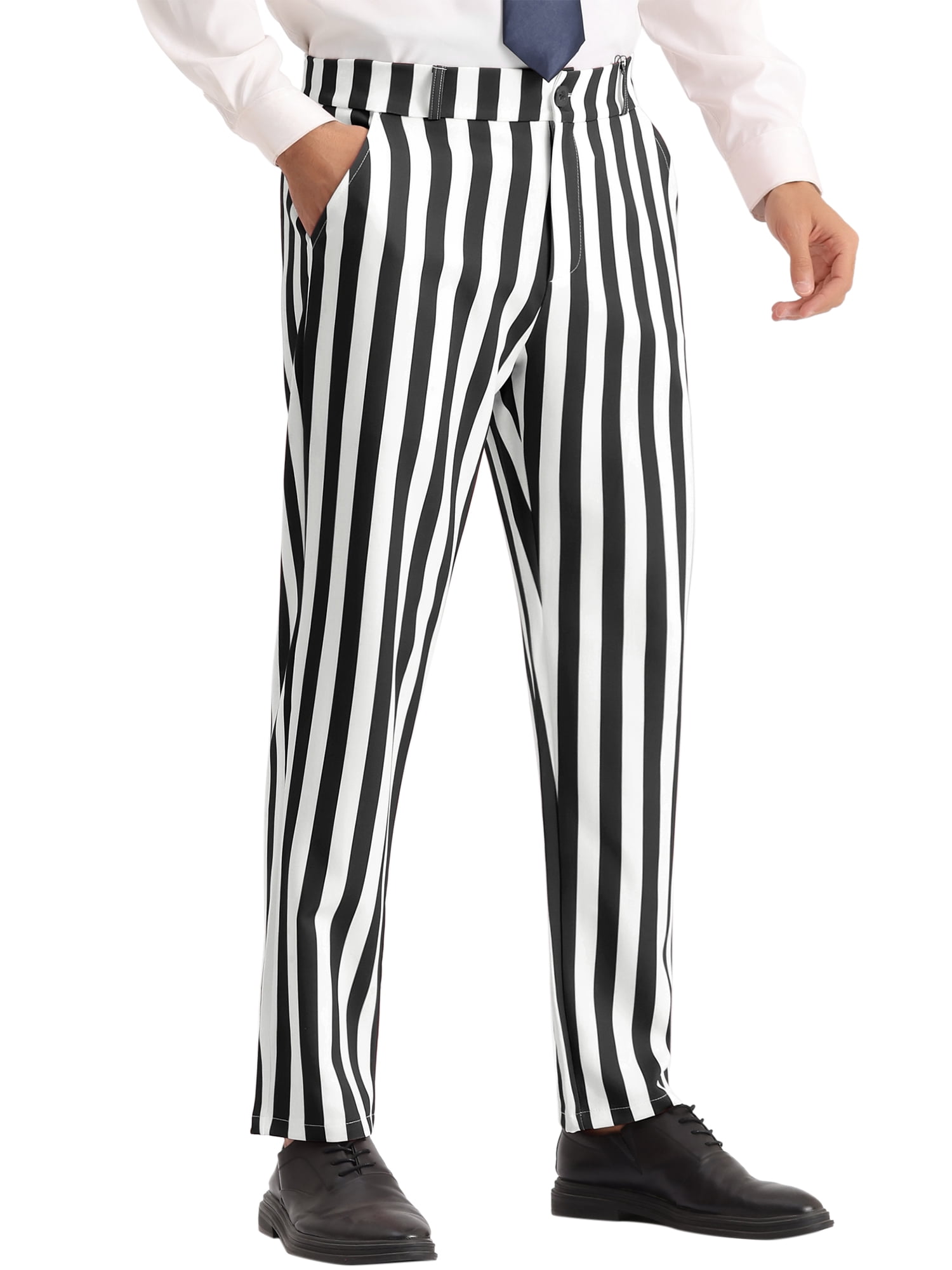 DARING DIVA Men's Striped Dress Pants Straight Leg Color Block Trousers 38 Black White