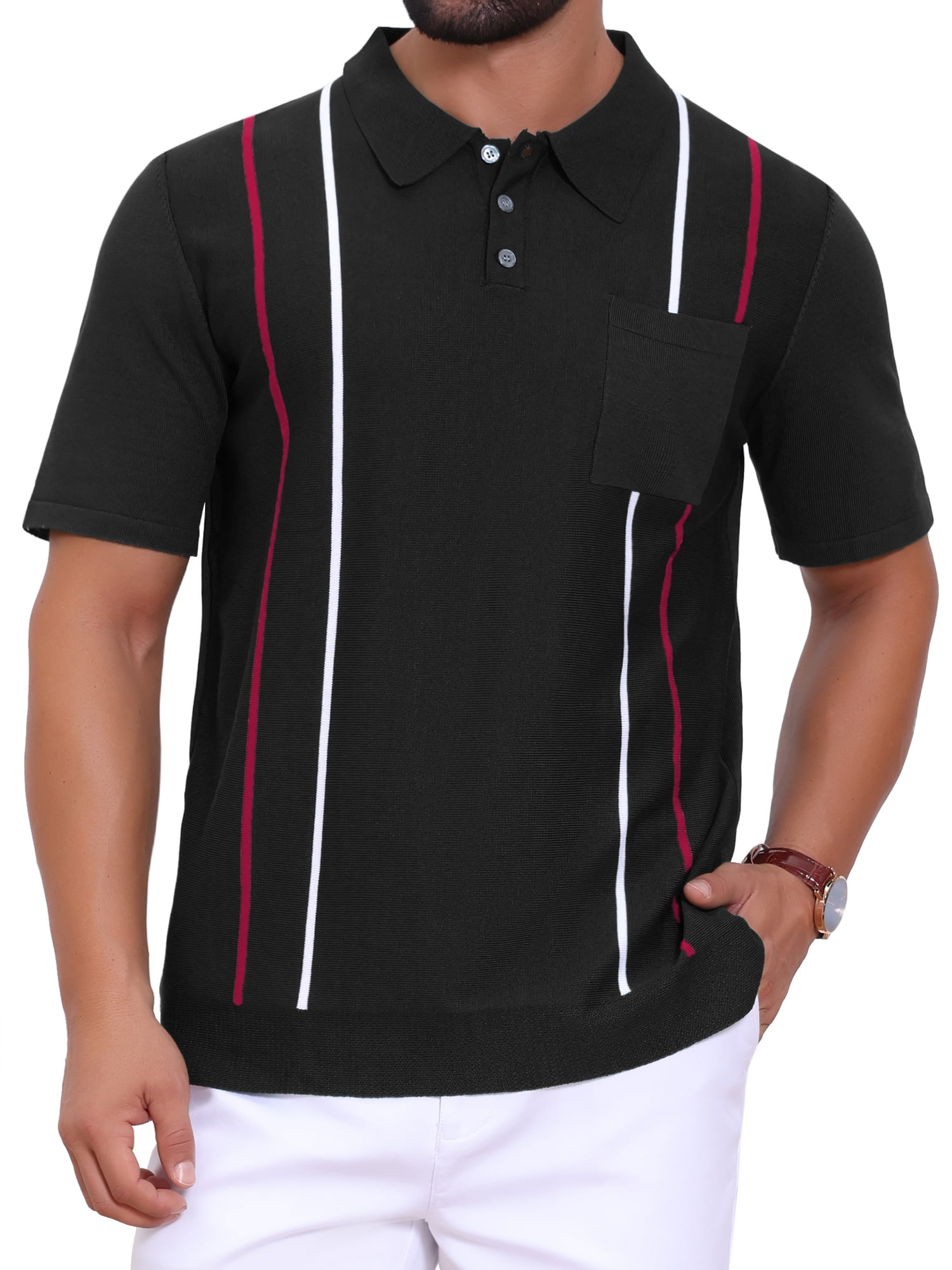 DARING DIVA Men's Striped Knit Chest Pocket Short Sleeve Vintage Golf Shirts 2XL Black