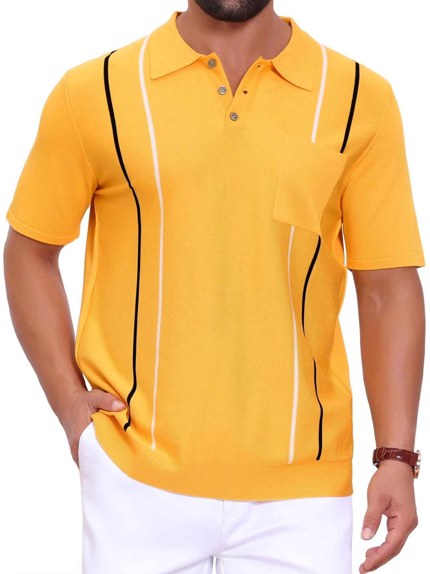 DARING DIVA Men's Striped Knit Chest Pocket Short Sleeve Vintage Golf Shirts 2XL Yellow