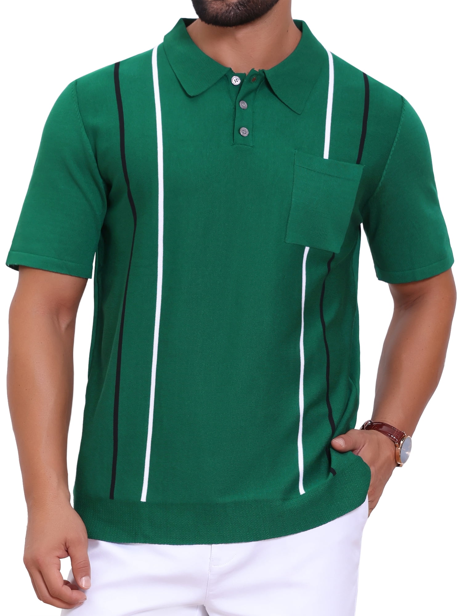 DARING DIVA Men's Striped Knit Chest Pocket Short Sleeve Vintage Golf Shirts M Green