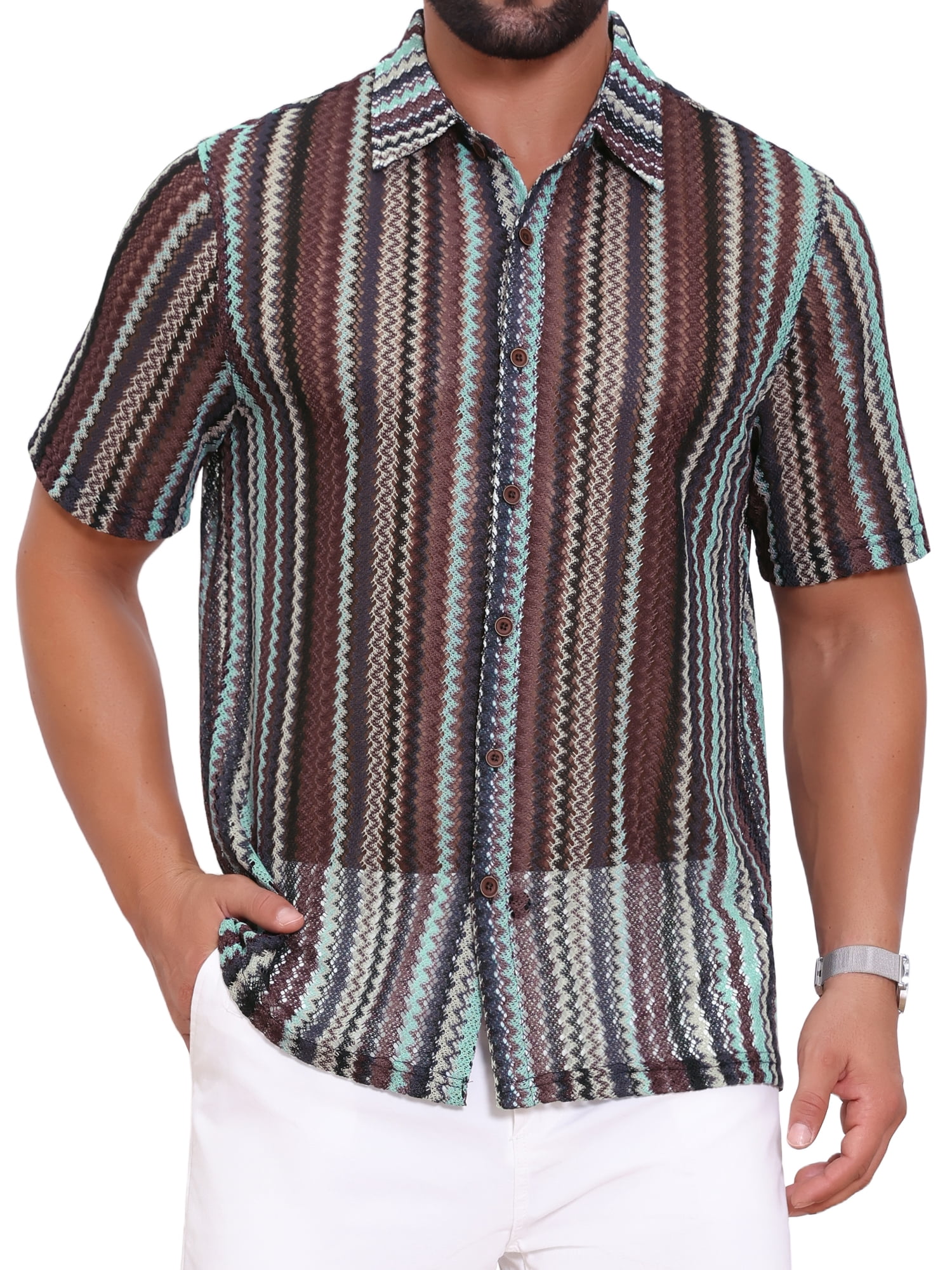 DARING DIVA Men's Striped Short Sleeve Button Down See Through Shirts 2XL Gray Brown