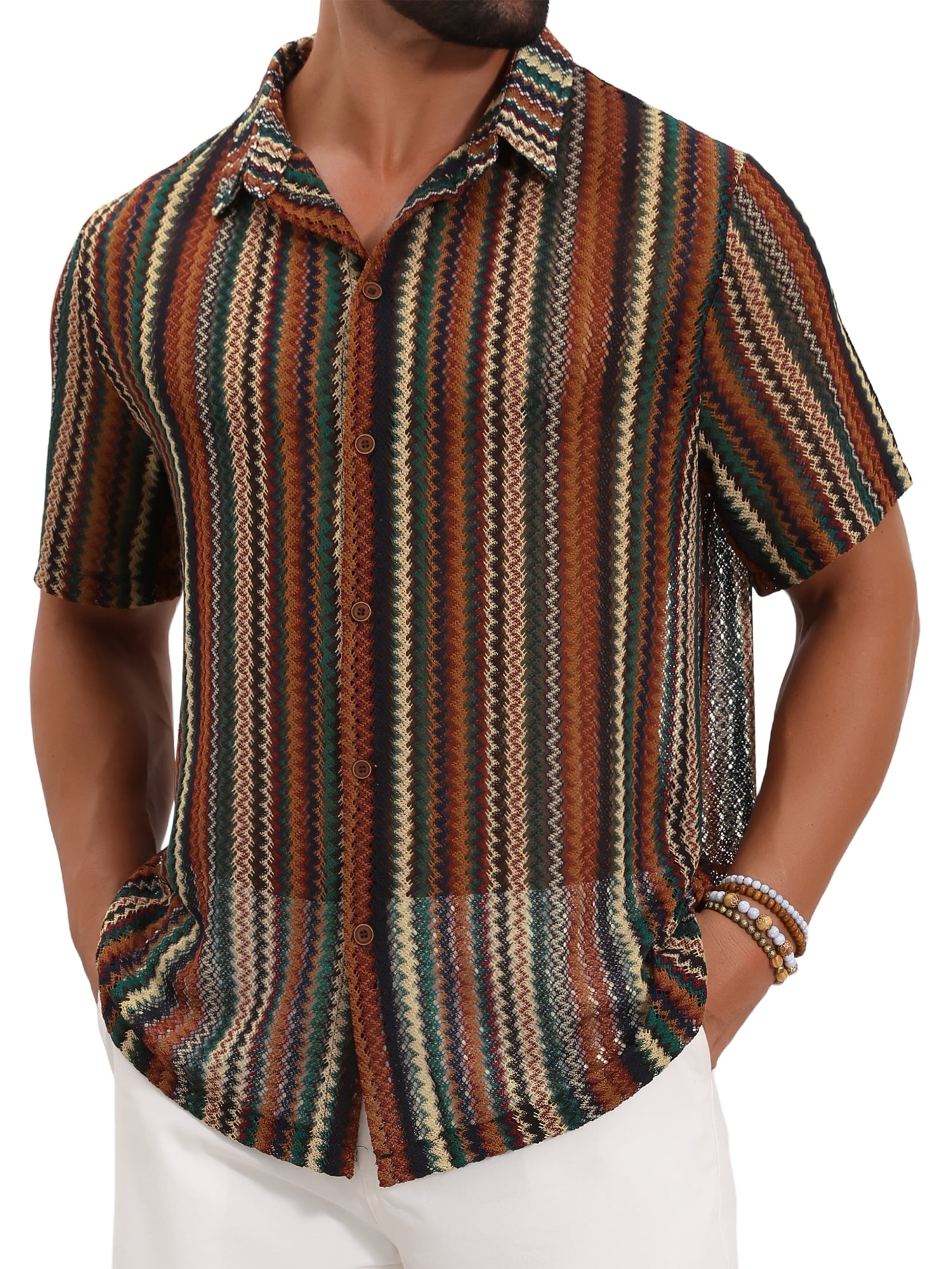 DARING DIVA Men's Striped Short Sleeve Button Down See Through Shirts L Brown Green