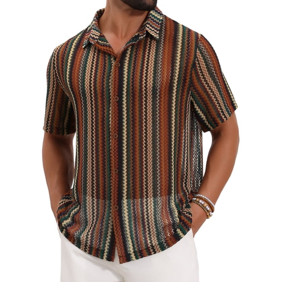 DARING DIVA Men's Striped Short Sleeve Button Down See Through Shirts L Brown Green