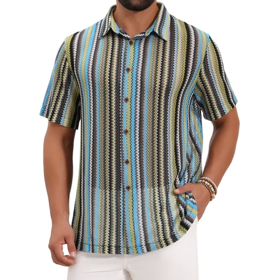 DARING DIVA Men's Striped Short Sleeve Button Down See Through Shirts M Blue Green