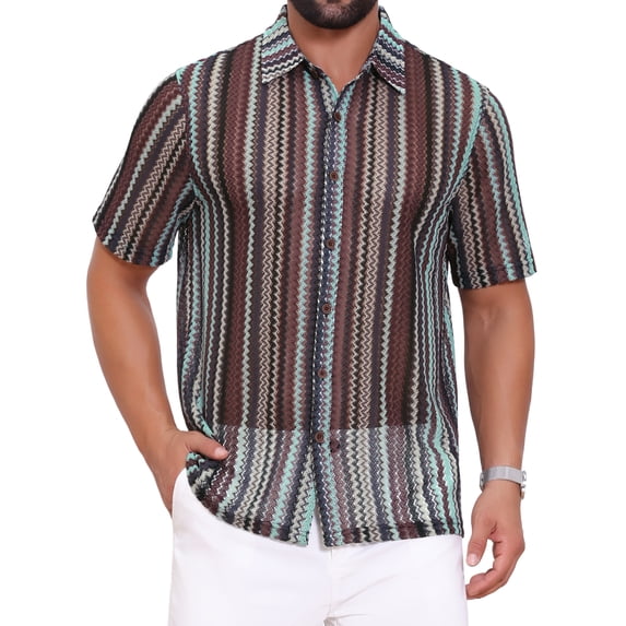 DARING DIVA Men's Striped Short Sleeve Button Down See Through Shirts S Gray Brown