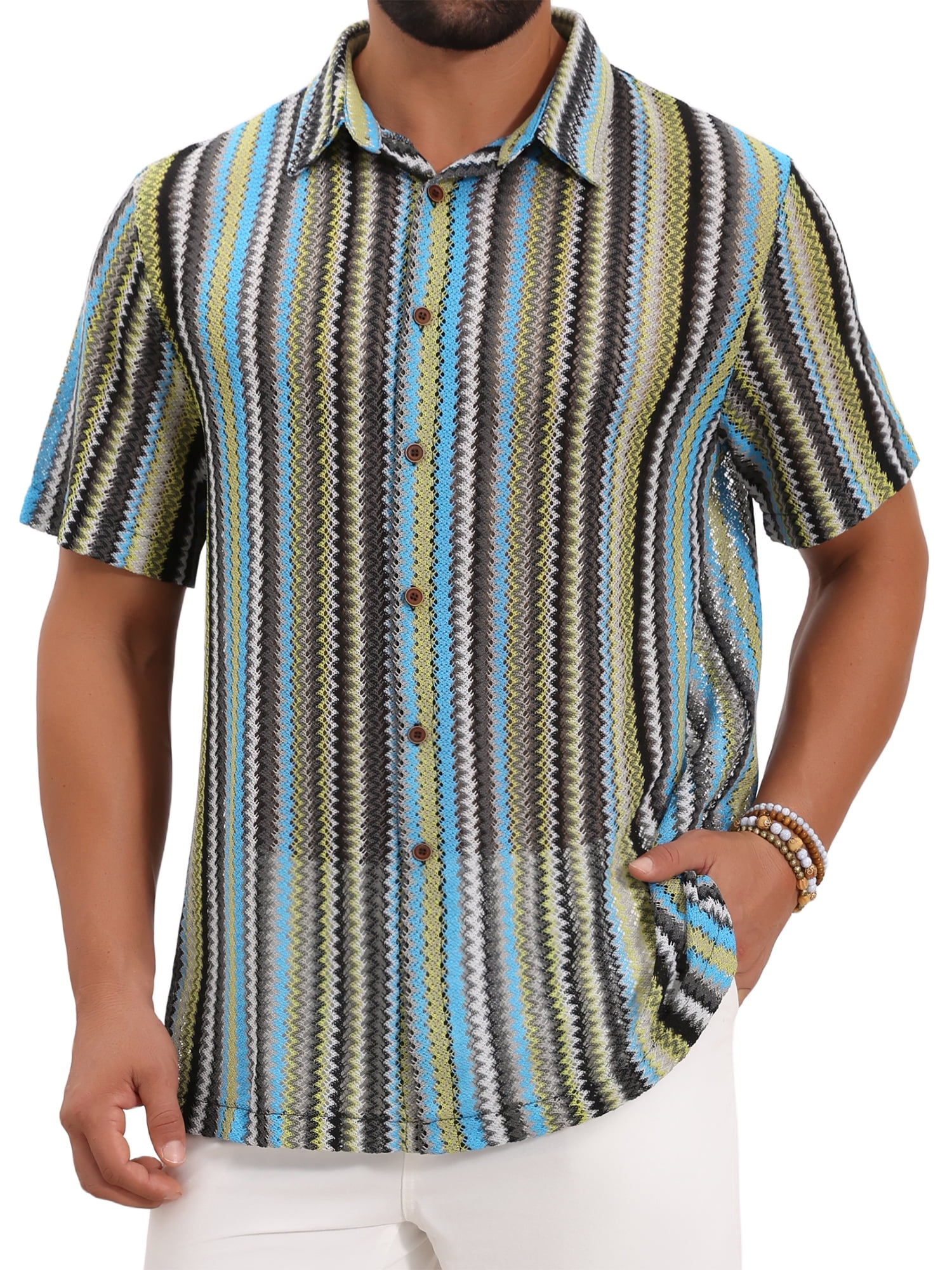 DARING DIVA Men's Striped Short Sleeve Button Down See Through Shirts XL Blue Green