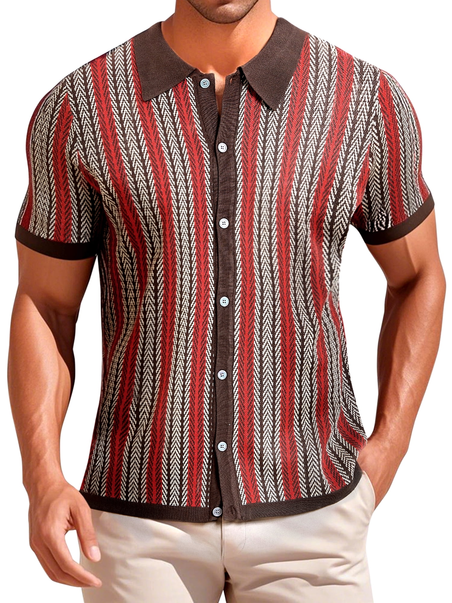 DARING DIVA Men's Striped Short Sleeves Button Down Jacquard Polo Shirts 2XL Dark Brown