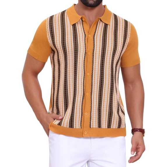 DARING DIVA Men's Striped Short Sleeves Button Down Jacquard Polo Shirts 2XL Dark Yellow