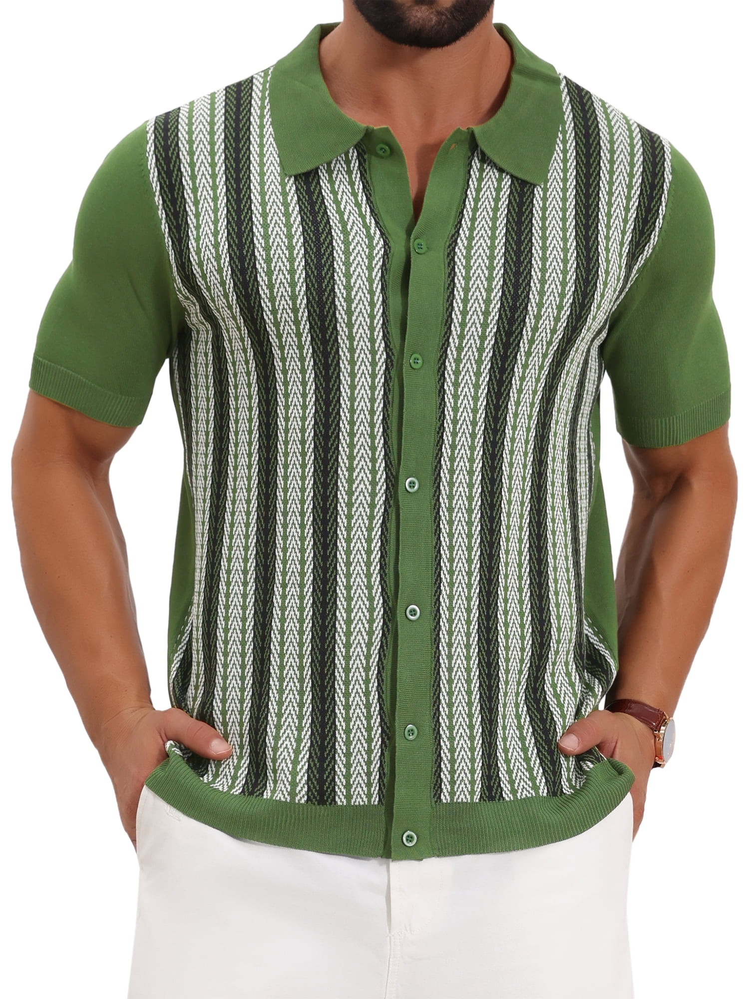 DARING DIVA Men's Striped Short Sleeves Button Down Jacquard Polo Shirts L Green