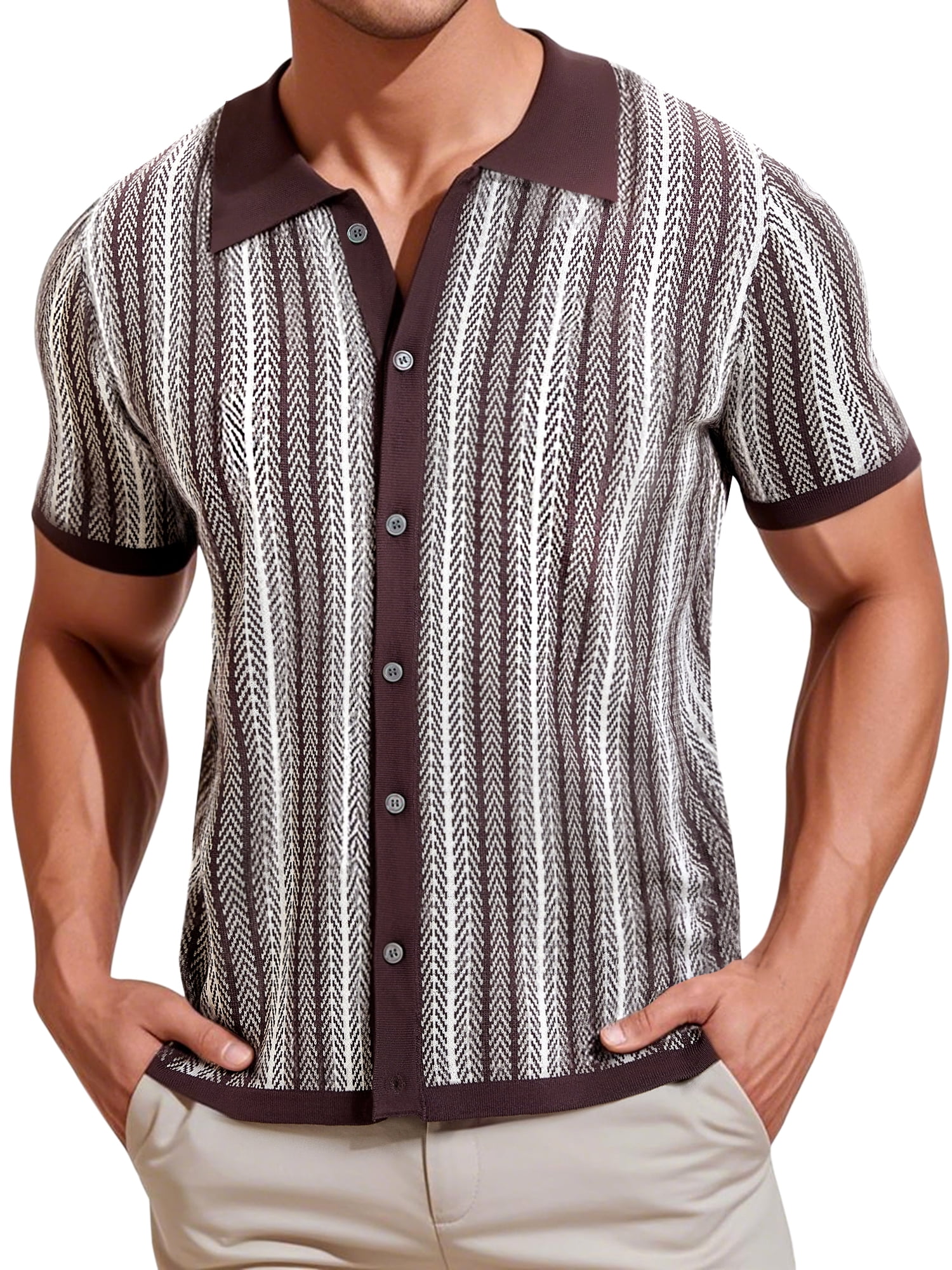 DARING DIVA Men's Striped Short Sleeves Button Down Jacquard Polo Shirts L Light Brown