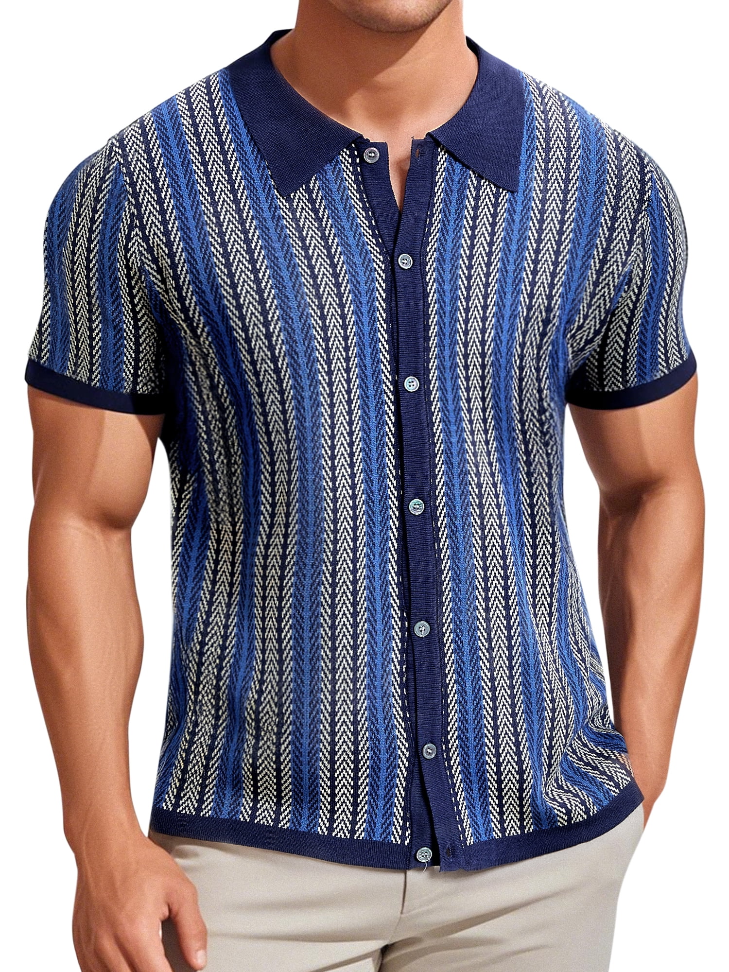 DARING DIVA Men's Striped Short Sleeves Button Down Jacquard Polo Shirts M Dark Blue