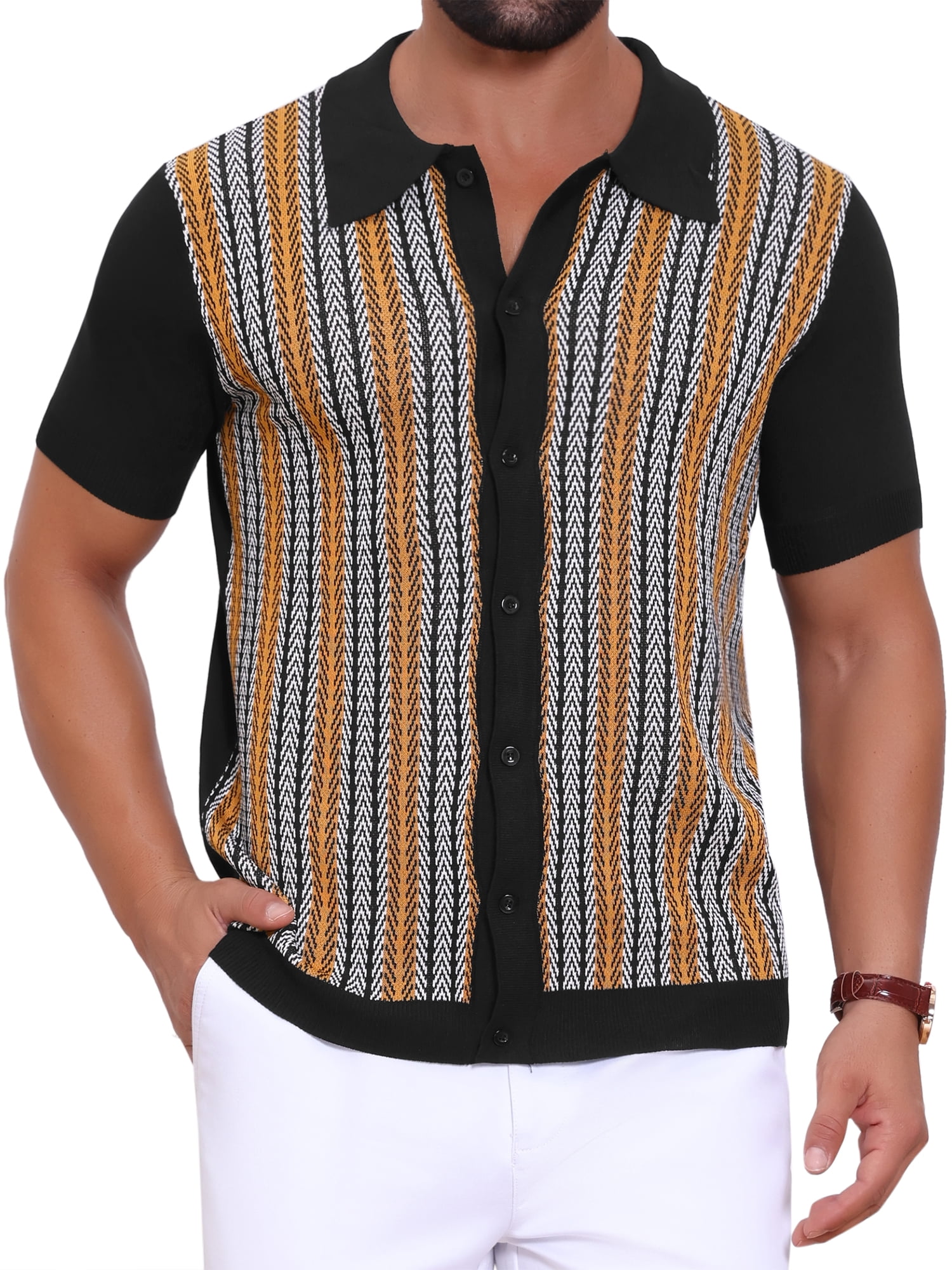 DARING DIVA Men's Striped Short Sleeves Button Down Jacquard Polo Shirts S Black