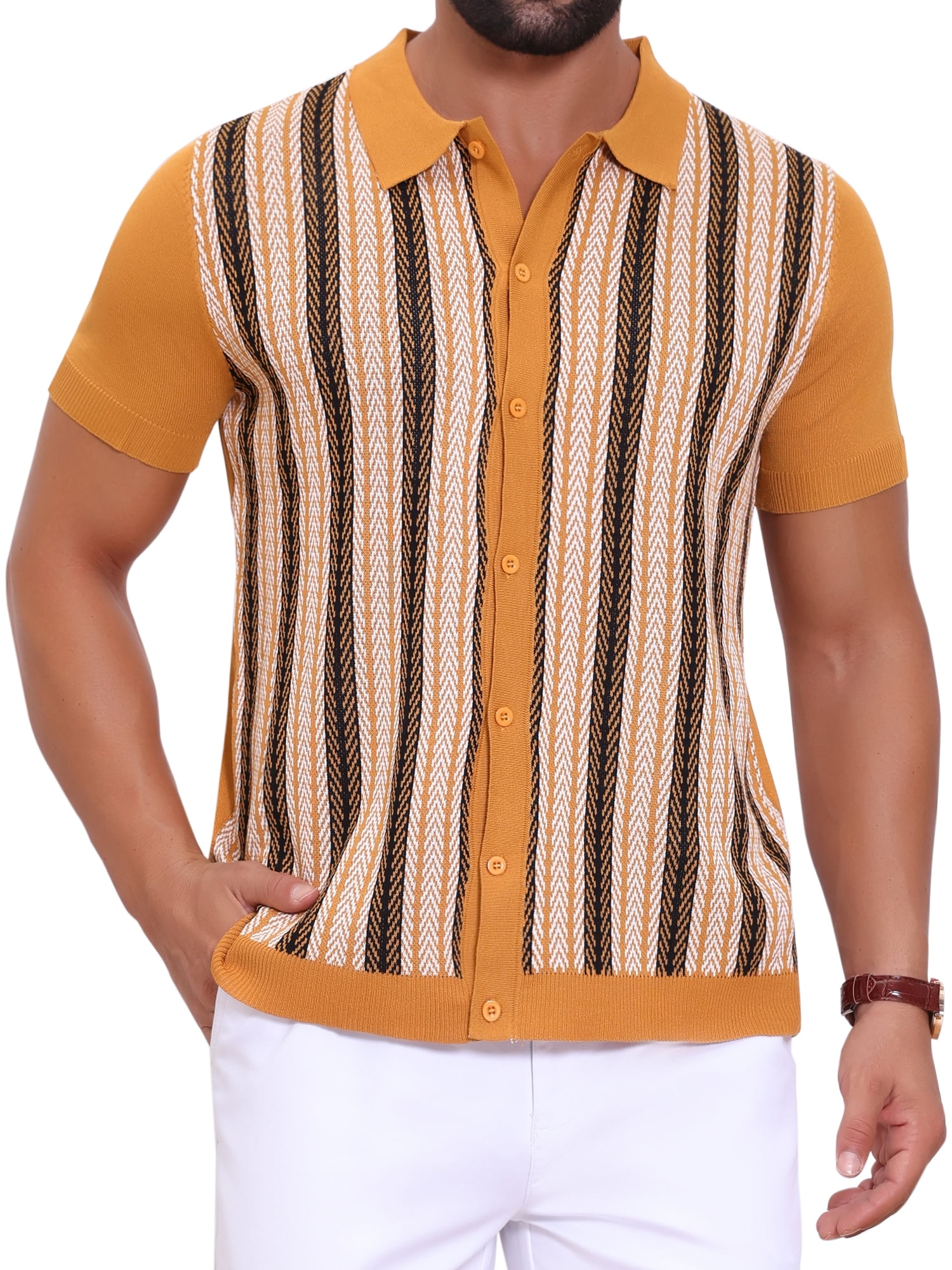 DARING DIVA Men's Striped Short Sleeves Button Down Jacquard Polo Shirts S Dark Yellow