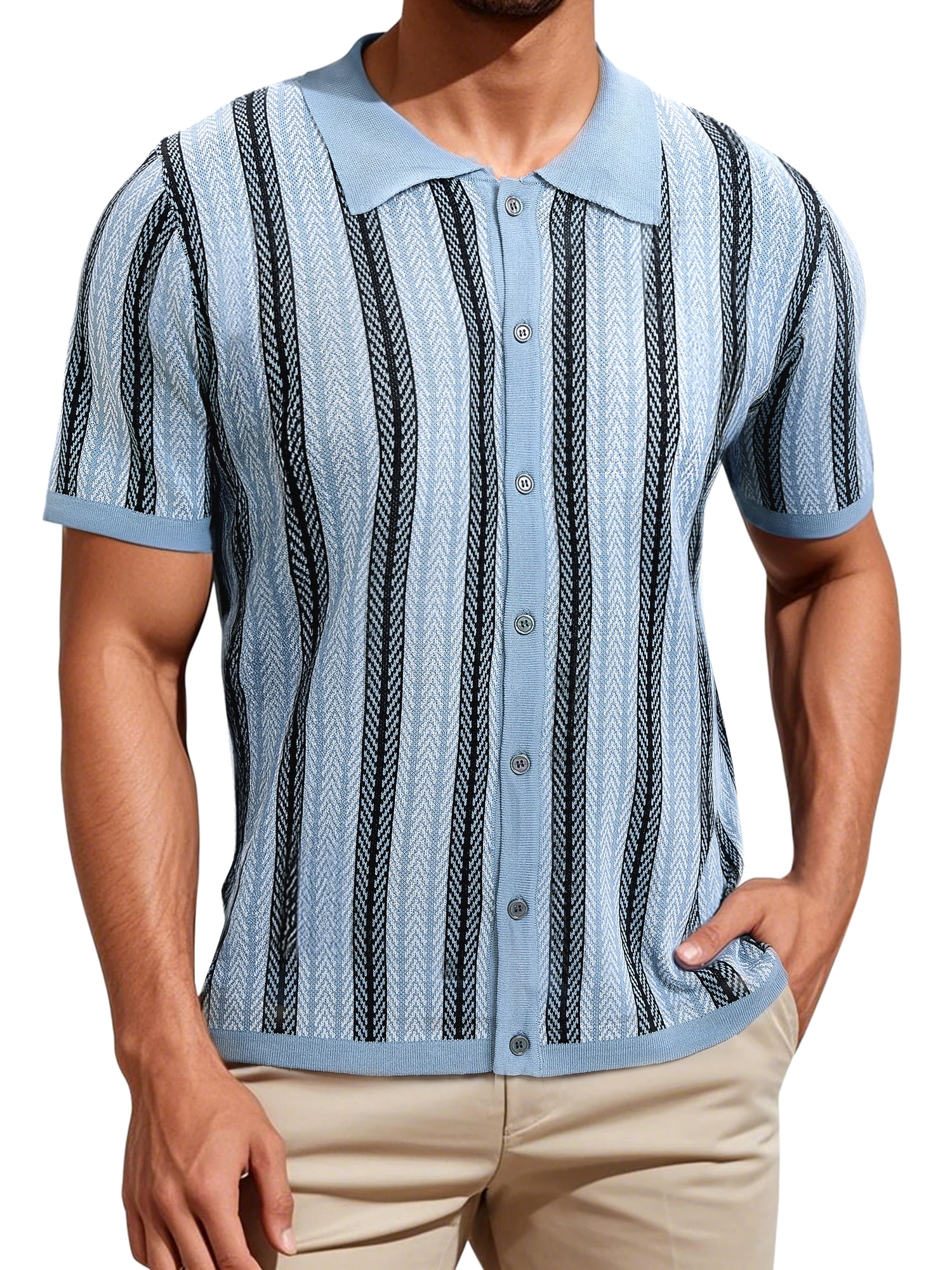 DARING DIVA Men's Striped Short Sleeves Button Down Jacquard Polo Shirts S Light Blue