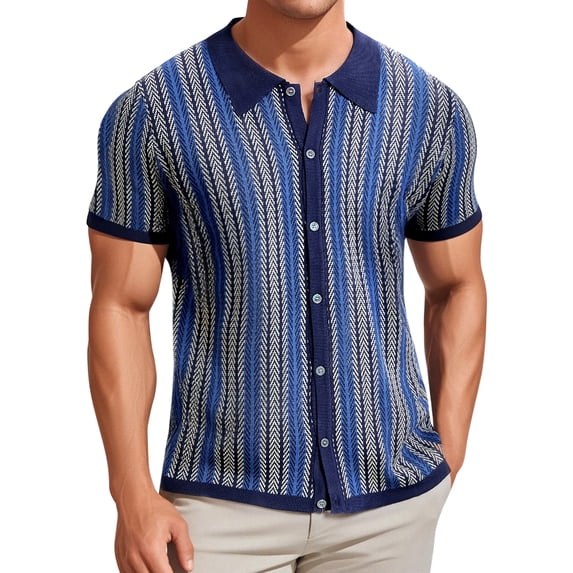 DARING DIVA Men's Striped Short Sleeves Button Down Jacquard Polo Shirts XL Dark Blue