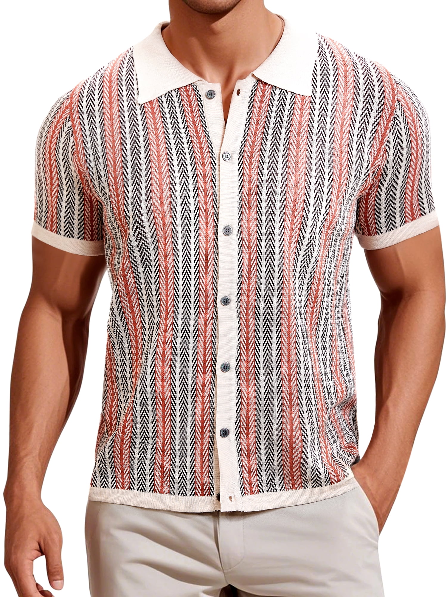 DARING DIVA Men's Striped Short Sleeves Button Down Jacquard Polo Shirts XL Khaki