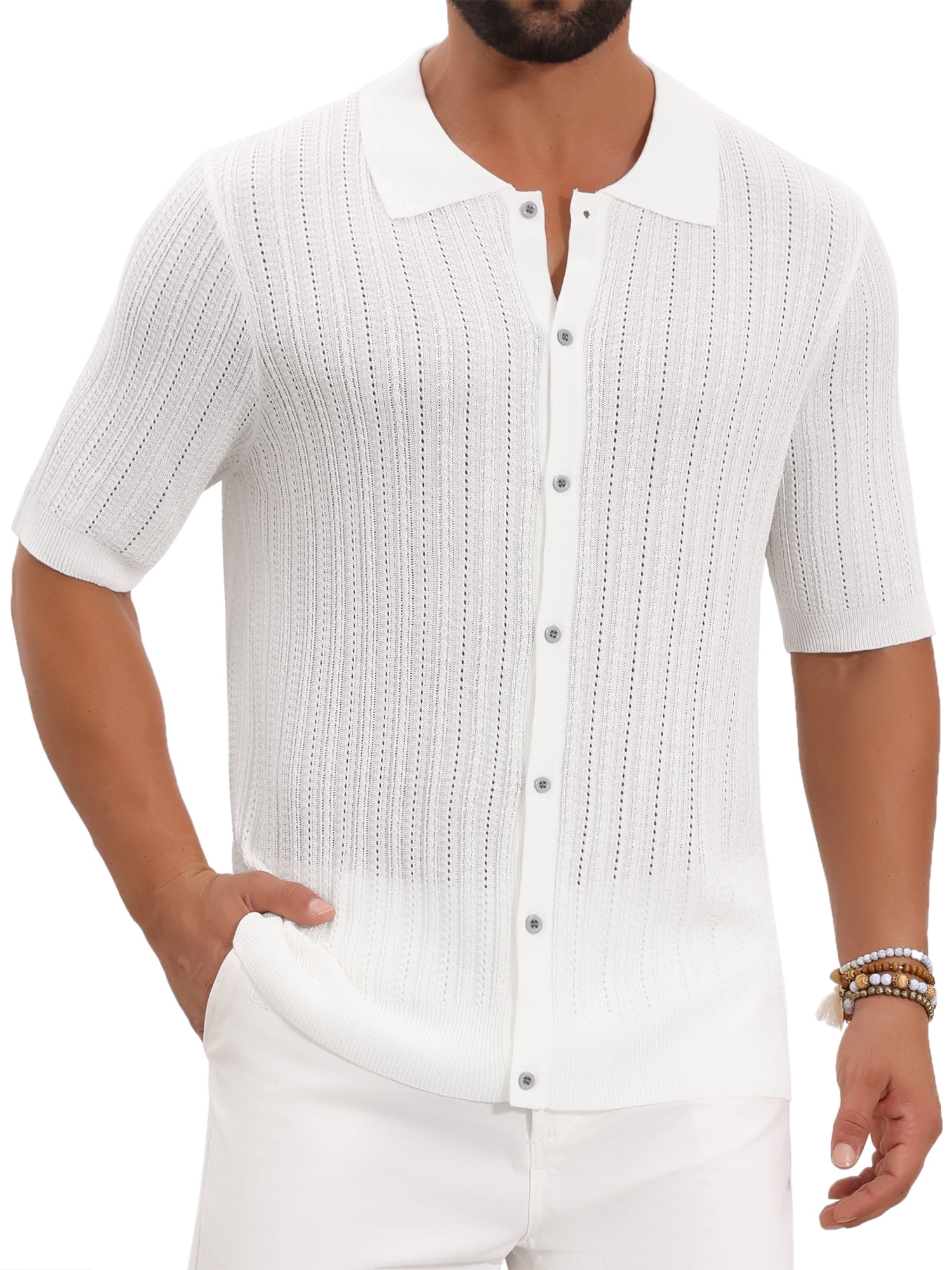 DARING DIVA Men's Striped Summer Short Sleeve Knitted See Through Shirts L White