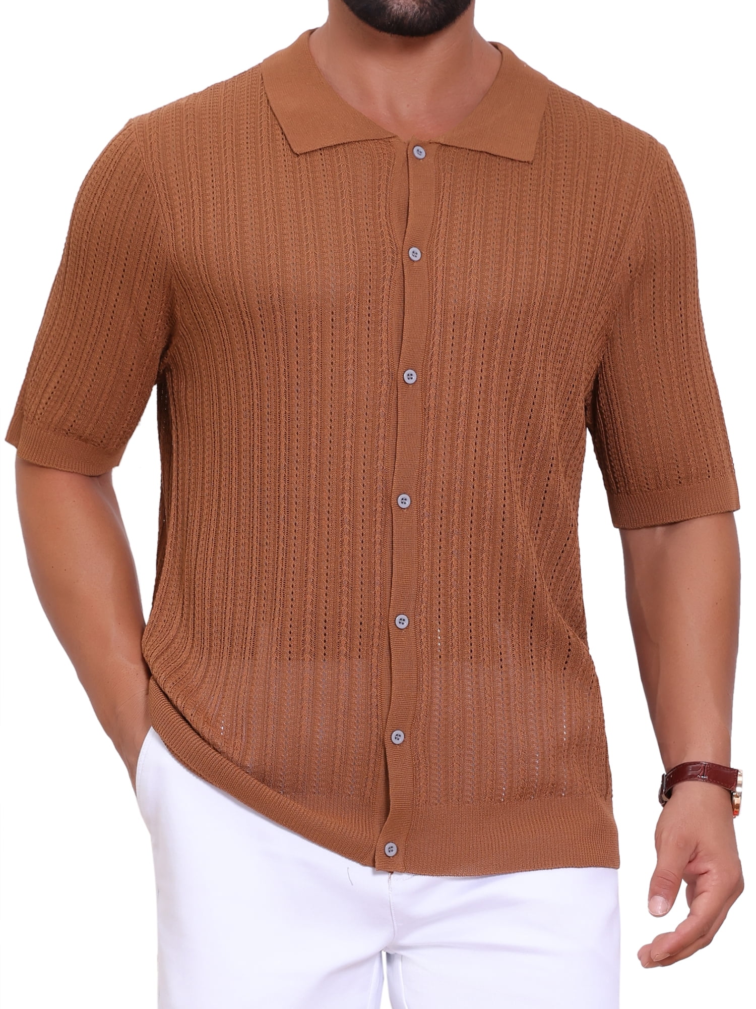 DARING DIVA Men's Striped Summer Short Sleeve Knitted See Through Shirts S Brown